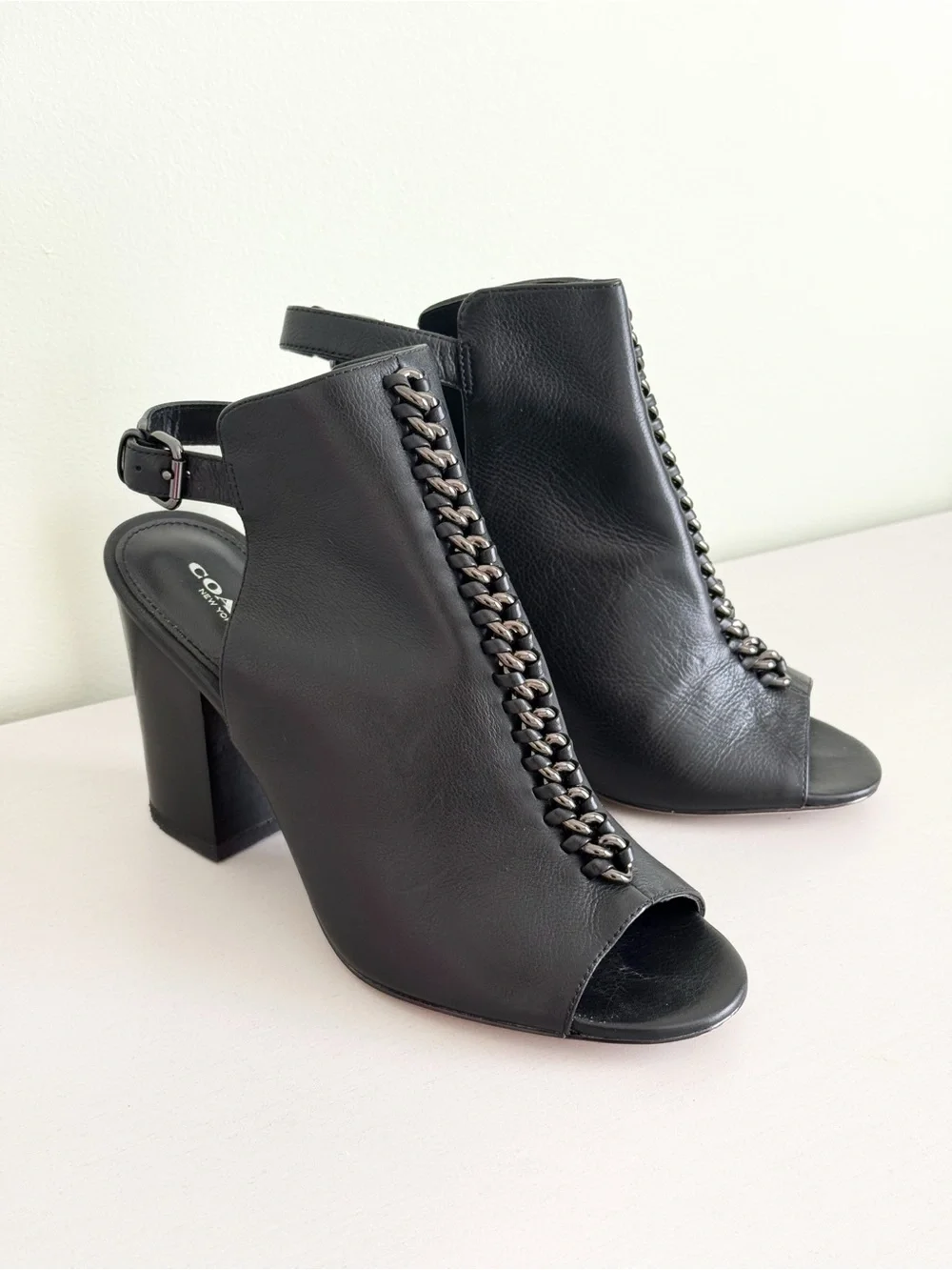 COACH Black Leather Chain-Trim Open-Toe Block Heel Sandals